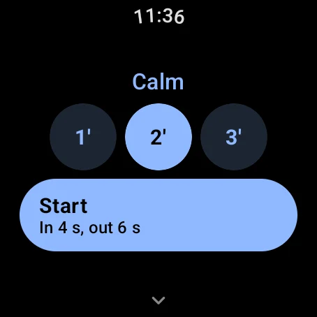 Calm screen: pick 1, 2 or 3 minutes, then start, breathing in 4 seconds and out 6